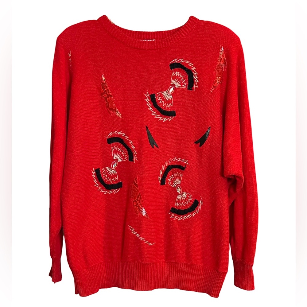 Duet Vintage 80’s Sweater Dolman Sleeve Rhinestones, Embroidery Snakeskin Large